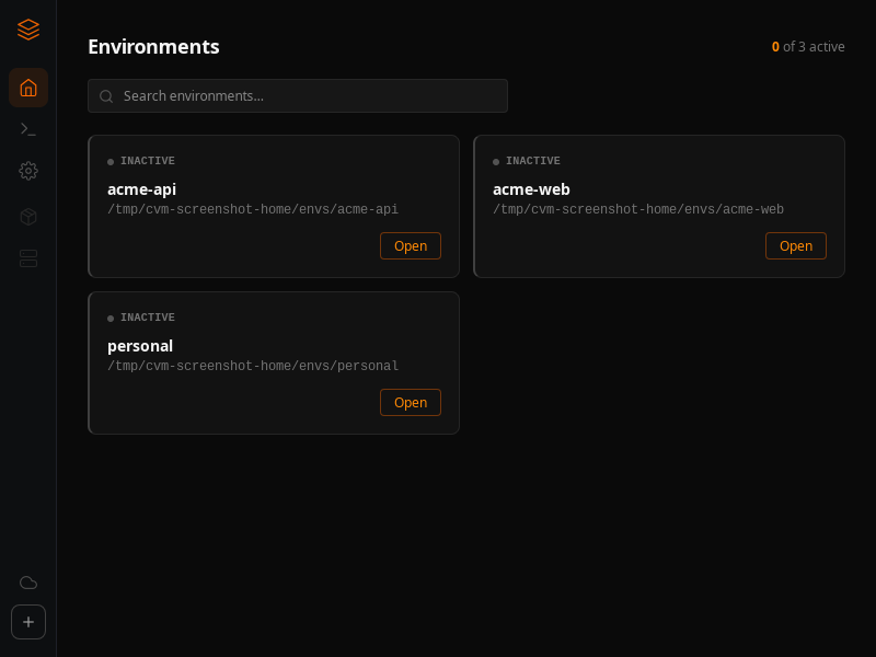 cvm-ui showing the environments list